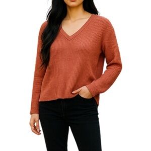 OLIVIA RAE Waffle-knit V-Neck Top Pink Cinnamon Long Sleeve Fuzzy Size M
